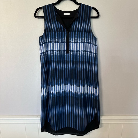 Vince. Women’s Sleeveless V-Neck Blue, White & Black 100% Silk Dress Sz S GUC - Picture 2 of 9